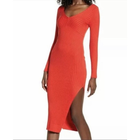 Leith Dresses & Skirts - NWT Leith Sweater Dress Sz M Bodycon Midi Red Ribbed V Neck Long Sleeve Sexy